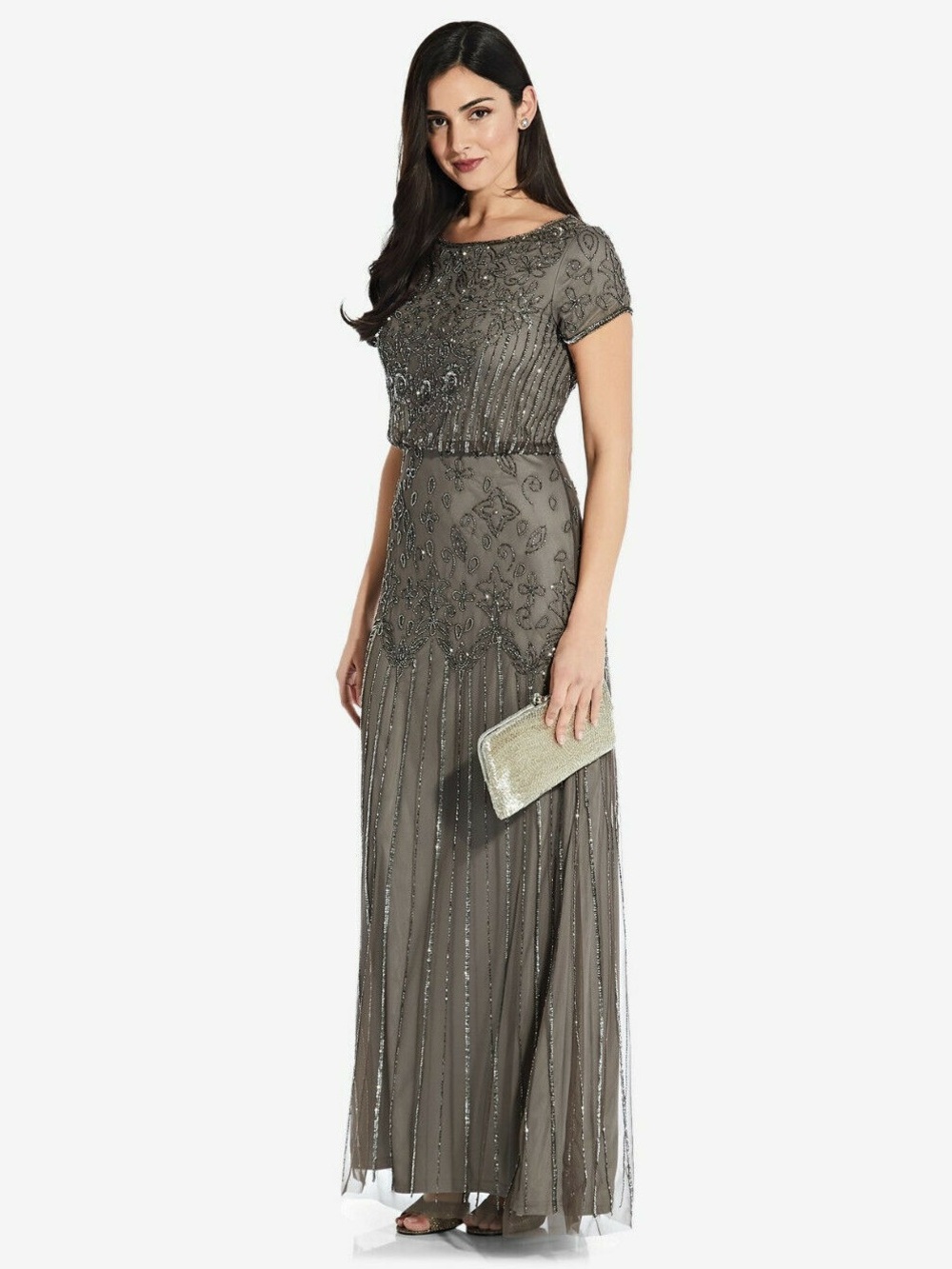 Adrianna Papell Short Sleeve Beaded Gown